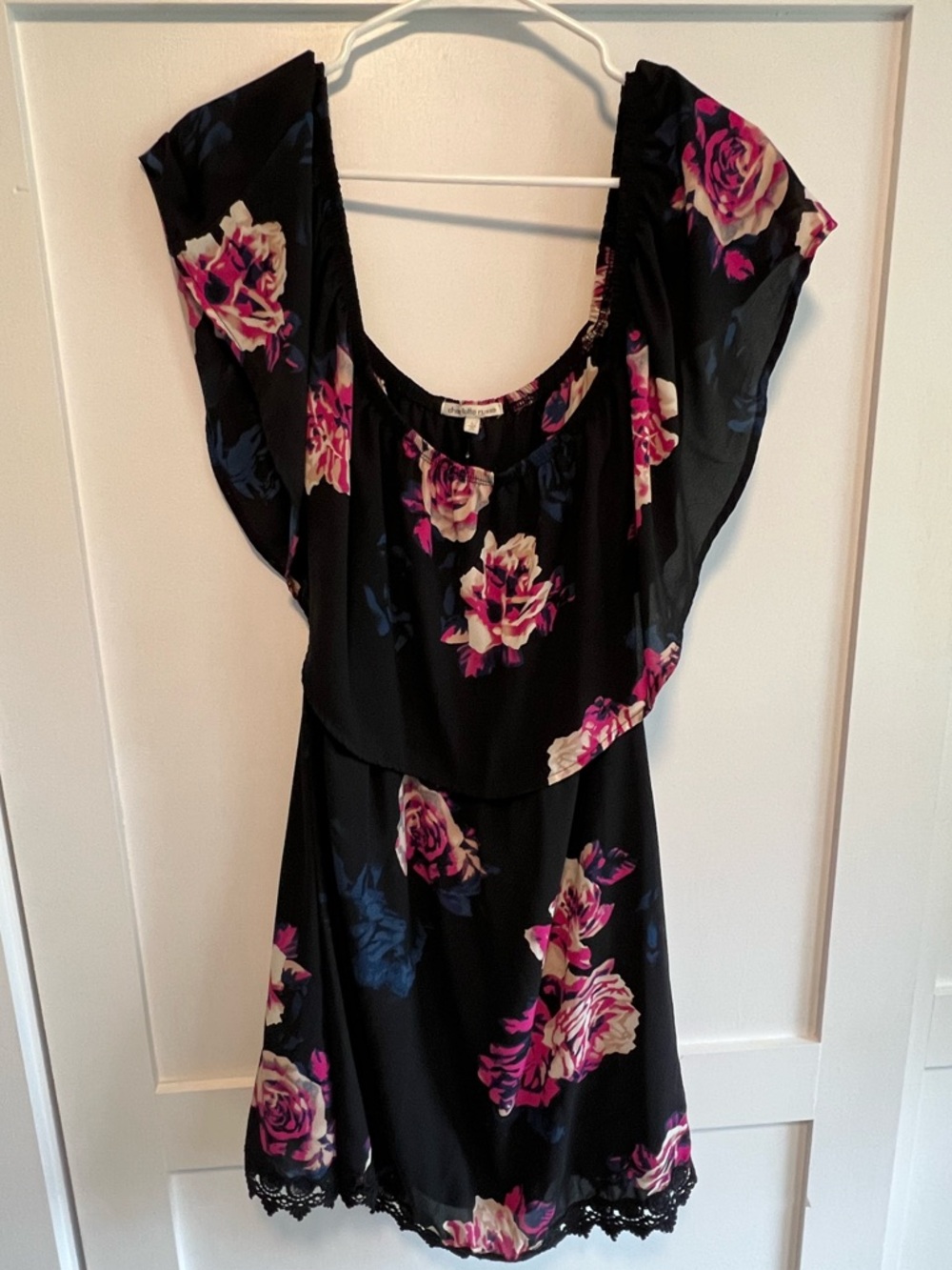 Black Floral Lace-Hem dress - Pink & Cream Roses